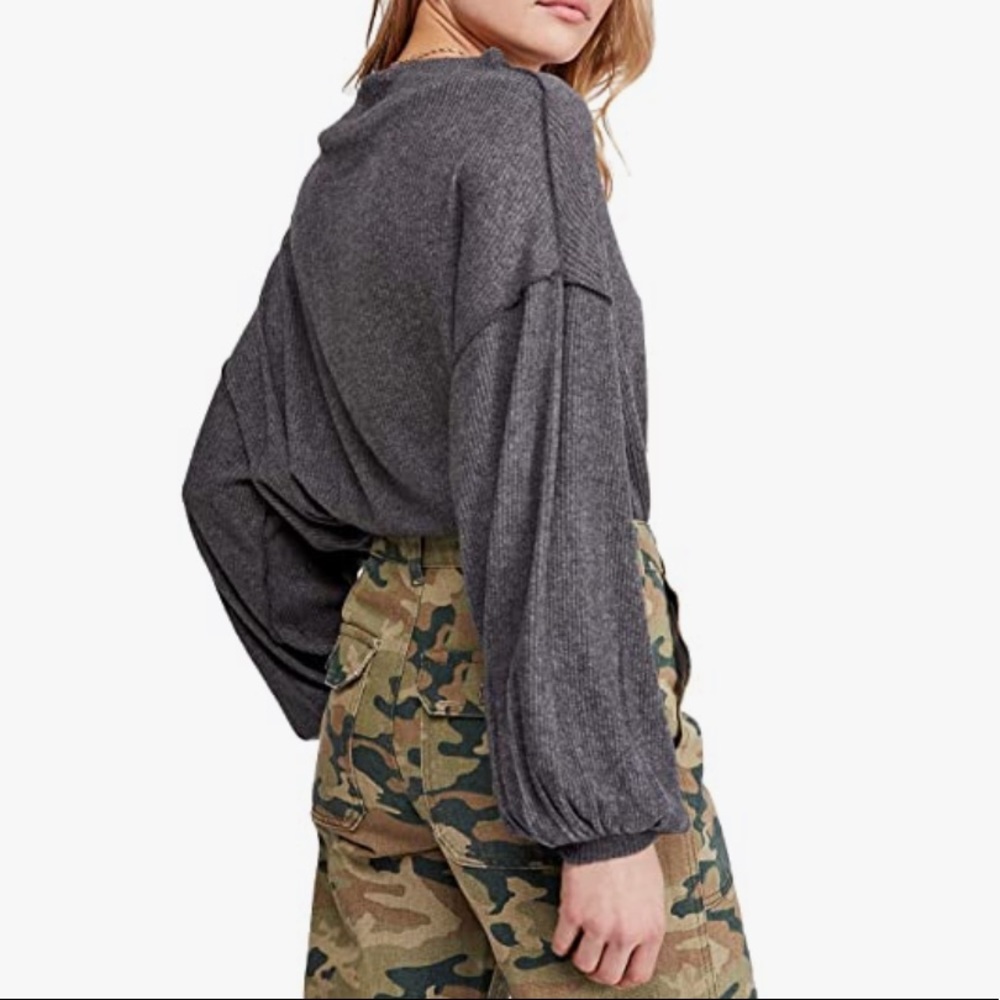 Free People Main Squeeze Rib Hacci Sweatshirt oversized off shoulder Grey